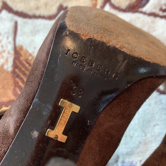 Vintage Iceberg Scrunchy Brown Suede Stiletto Boot gold stud wrap strap heel 8 - Picture 7 of 16